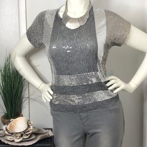 Michael Kors Silver Sequin Viscose Loose Flowy Dressy Tee T-Shirt Top Blouse‎ S